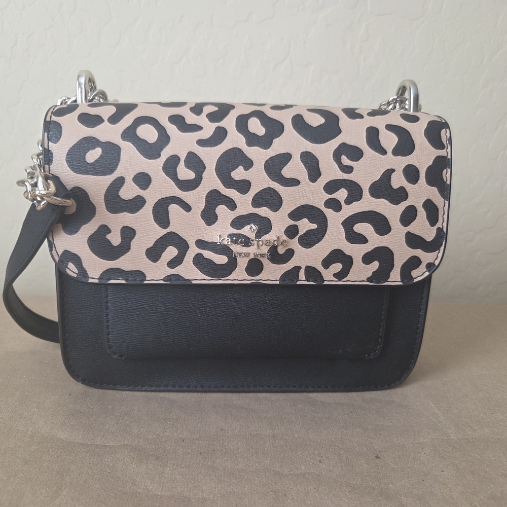 KATE SPADE NY Leopard Print Flap Crossbody Bag - Black & Tan - Silver Hardware